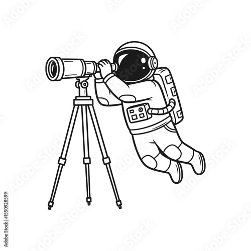 Astronaut using telescope on tripod for stargazing in space – Vector Illustration