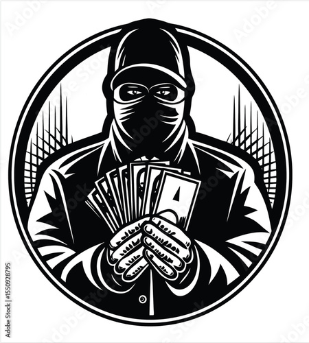 Gangster  Silhouette – dynamic black and white vector, iconic weapon outline, stark clean lines, sharp suit folds, minimalist menace, vintage gun man shooting.,, playing cards.