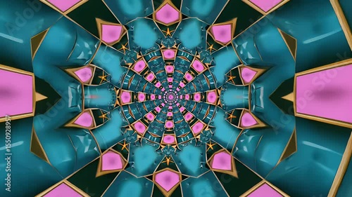 Kaleidoscopic journey through teal and pink abstract shapes with golden accents