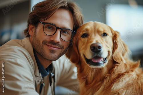 Portrait of Young Veterinarian with Glasses Smiling Beside Golden Retriever in Clinic

