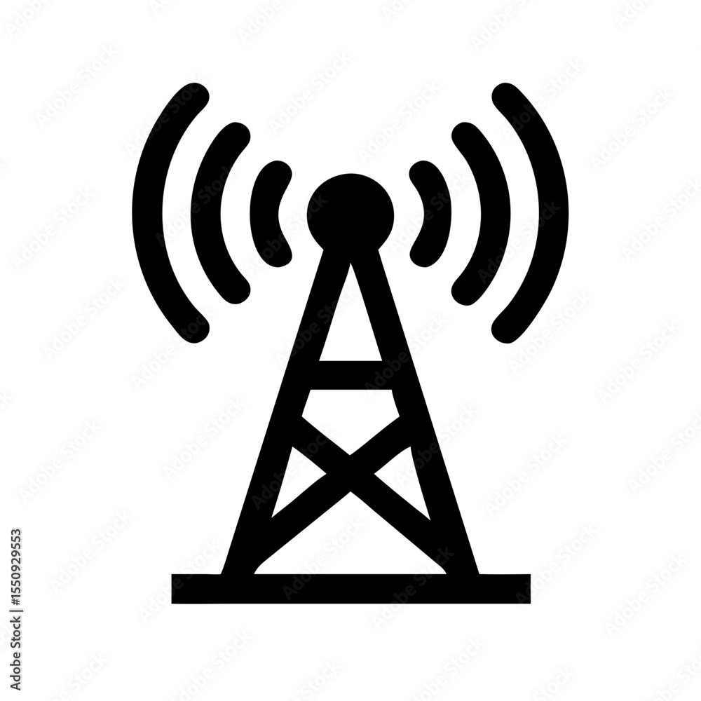 Black icon of a broadcast tower emitting signal waves, representing radio transmission, wireless communication, or media broadcasting.
Black icon of a broadcast tower emitting signal waves, representing radio transmission, wireless communication, or media broadcasting.