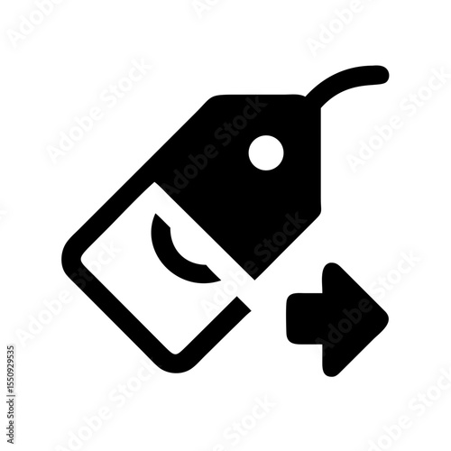 Black and white icon showing an audio tag with a directional arrow, representing sound metadata, file tagging, or audio categorization.
