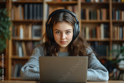 Pretty College Girl Studying with Wireless Headphones and Laptop at Home

