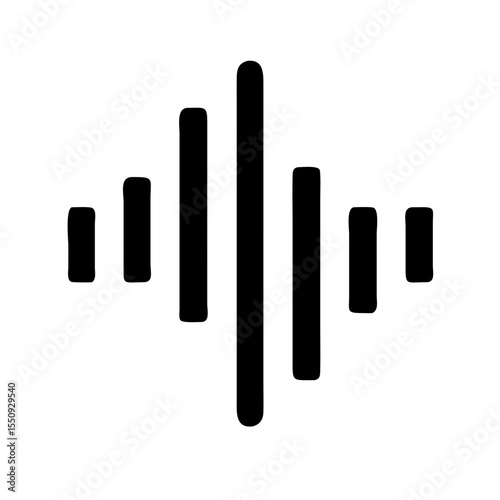 Black icon of a symmetrical audio wave with vertical bars, symbolizing sound, voice, or music frequency visualization in digital media.
