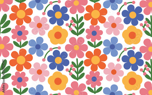 A Vibrant Floral Tapestry: A Seamless Vector Pattern of Colorful Flowers and Leaves, Perfect for Textiles, Wallpapers, and Botanical-Themed Designs