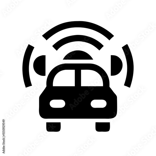 Black icon of a car with audio waves, symbolizing car podcast streaming, in-vehicle listening, or automotive entertainment systems.
