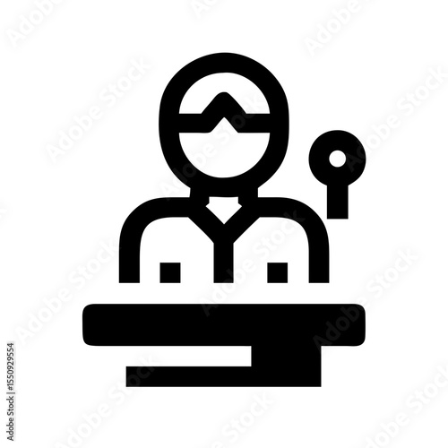 Black icon of a person with glasses at a desk and microphone, symbolizing co-hosting, broadcasting, or podcast participation.
