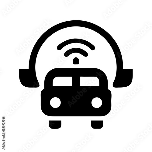 Black icon showing a car with headphones and a wireless signal, representing mobile podcast listening or in-car audio streaming.
