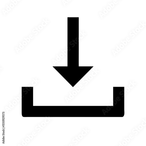 Minimal black download icon showing a downward arrow into a tray, commonly used for file saving, data transfer, or downloads.
