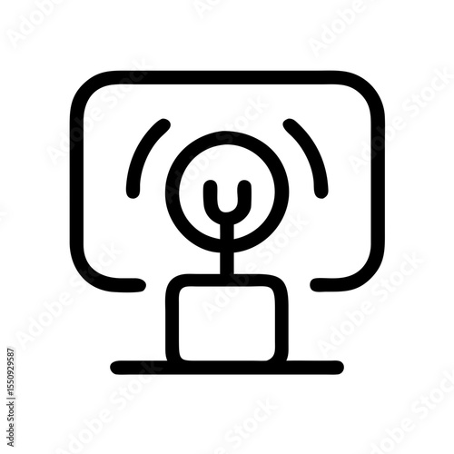 Black line icon of a computer monitor displaying a microphone with signal waves, representing a podcast episode, streaming, or digital broadcast.
