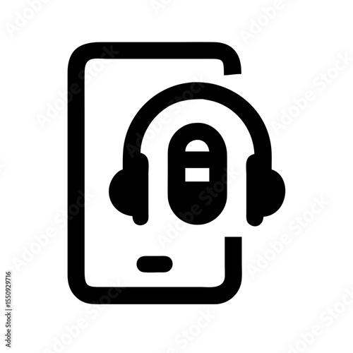 Black icon showing a smartphone with headphones and a microphone, representing podcast streaming, audio content, or mobile broadcasting.
