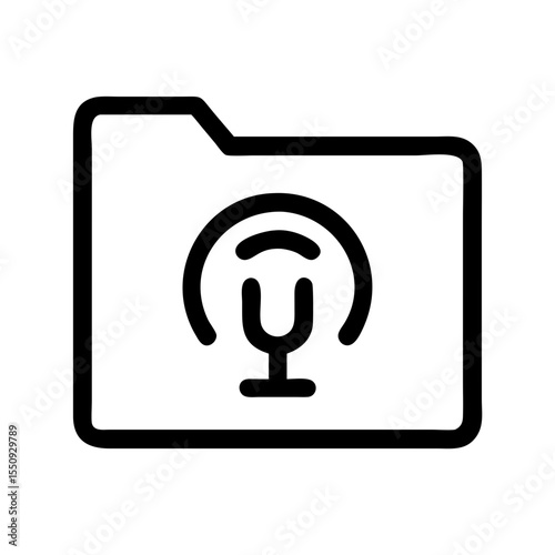 Black line icon of a folder with a podcast microphone symbol, representing audio file storage and digital content management.
