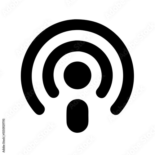 Black icon showing a podcast broadcast signal with concentric sound waves and a microphone, symbolizing audio streaming or episodes.
