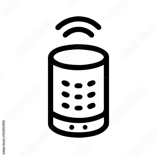 Black line icon of a smart speaker emitting wireless signal, symbolizing voice assistant, home automation, or audio streaming.

