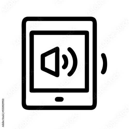 Line icon of a tablet with a sound symbol, representing media playback, audio streaming, or device volume control.
