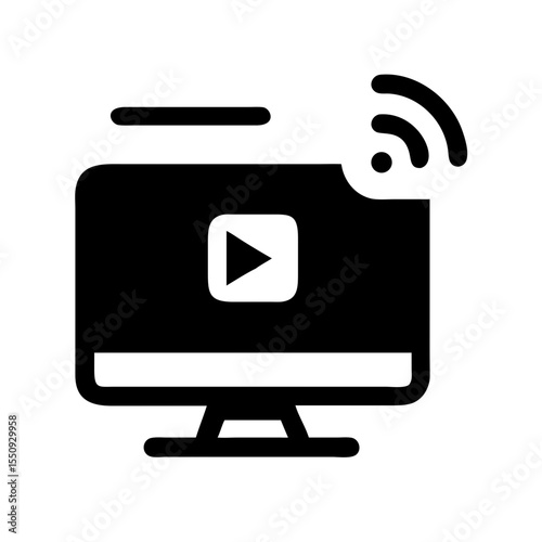 Black icon of a computer monitor with a play button and wireless signal, representing online streaming or video broadcasting tools.
