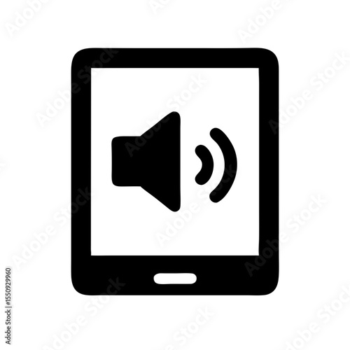 Black icon showing a tablet with a speaker symbol, representing audio playback, sound output, or media content on devices.
