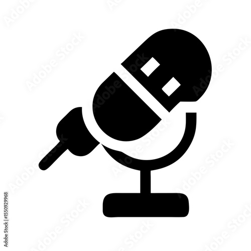Black silhouette of a professional studio microphone on a stand, ideal for audio recording, streaming, or podcast production visuals.
