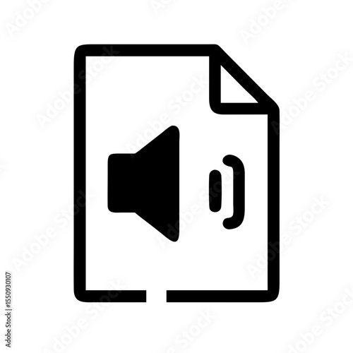 Black and white icon of a document with a speaker symbol, indicating an audio file such as music, voice recording, or sound clip.
