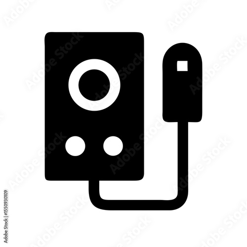 Black and white icon of an audio hub with connected cable, symbolizing a sound interface, audio input/output management, and multimedia connectivity.
