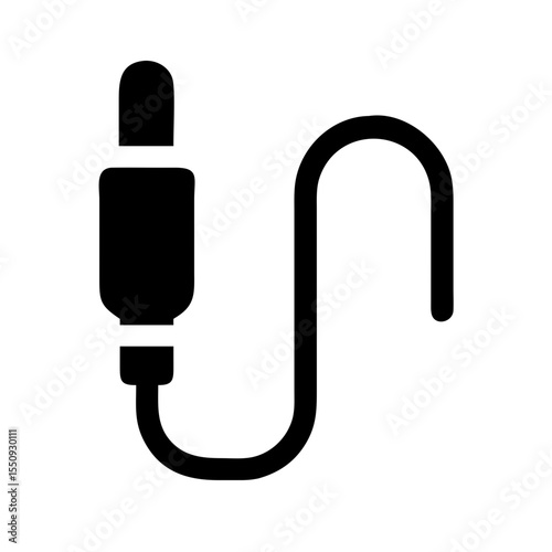 Black and white icon of an audio jack with cable, symbolizing headphone connection, audio input/output, and sound device compatibility.
