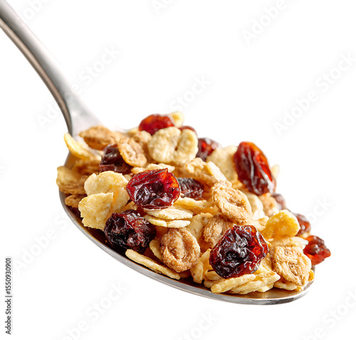 Hideous spoon with fruit and chocolate cereal, transparent background, isolated, close-up, professional food photography.