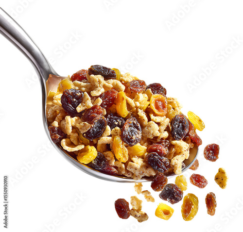 Hideous spoon with fruit and chocolate cereal, transparent background, isolated, close-up, professional food photography.