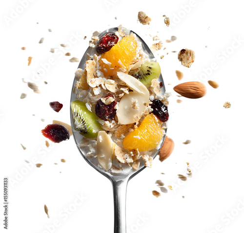Hideous spoon with fruit and chocolate cereal, transparent background, isolated, close-up, professional food photography.