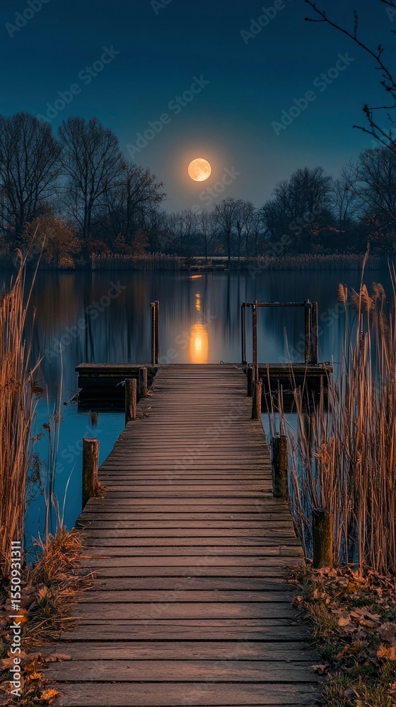 Obraz premium Serene Moonlit Night at the Lake Wooden Dock Leading to Tranquility