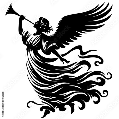 Majestic black silhouette of a winged angel blowing a long trumpet (shofar or bugle). 