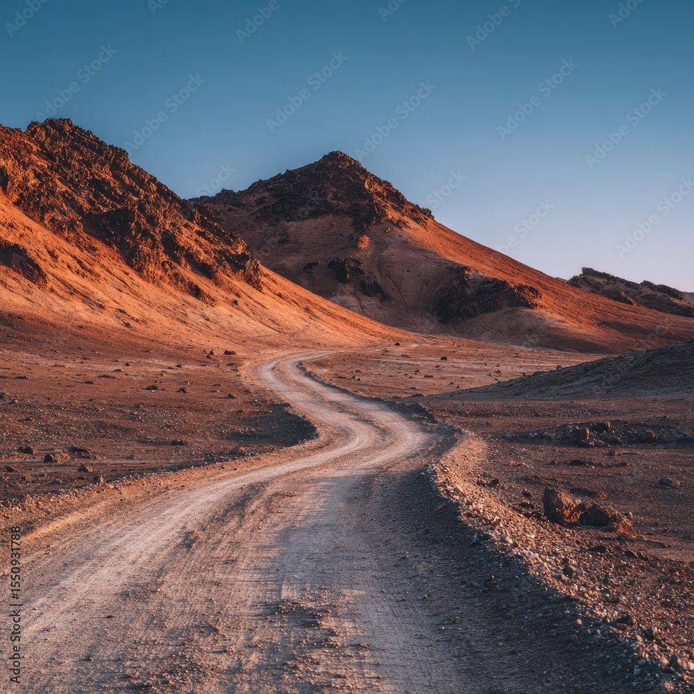 Naklejka premium Winding dirt road through arid mountains under a clear sky