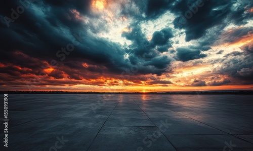 Fototapeta Naklejka Na Ścianę i Meble -  Empty concrete expanse beneath a dramatic sunset sky