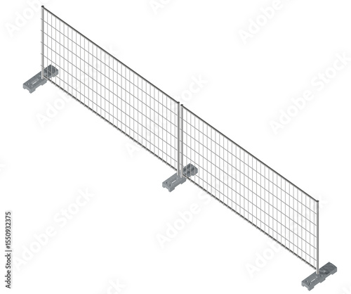 High-resolution illustration of contemporary wire mesh fencing on sturdy bases, offering a clear visual for concepts of demarcation, safety zones, or crowd control in various settings. isometric view