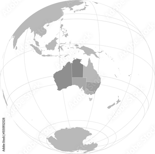 World vector map with Australia level 1 administrative boundaries and graticules (Australia-centered and highlighted view, orthographic projection, PPT-compatible & fully editable)	