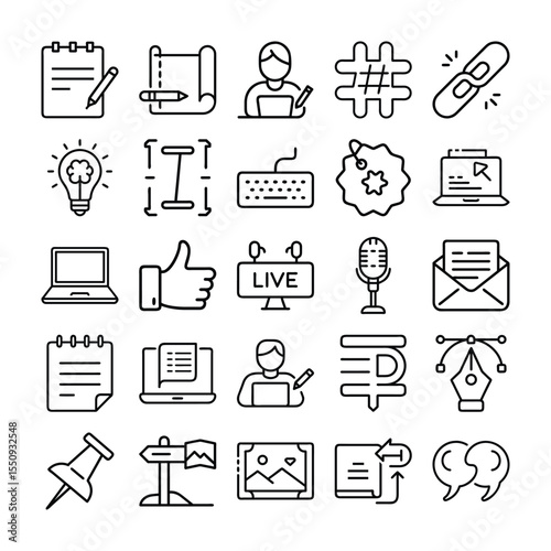 Collection of Outline Icons for Content Creation and Social Media