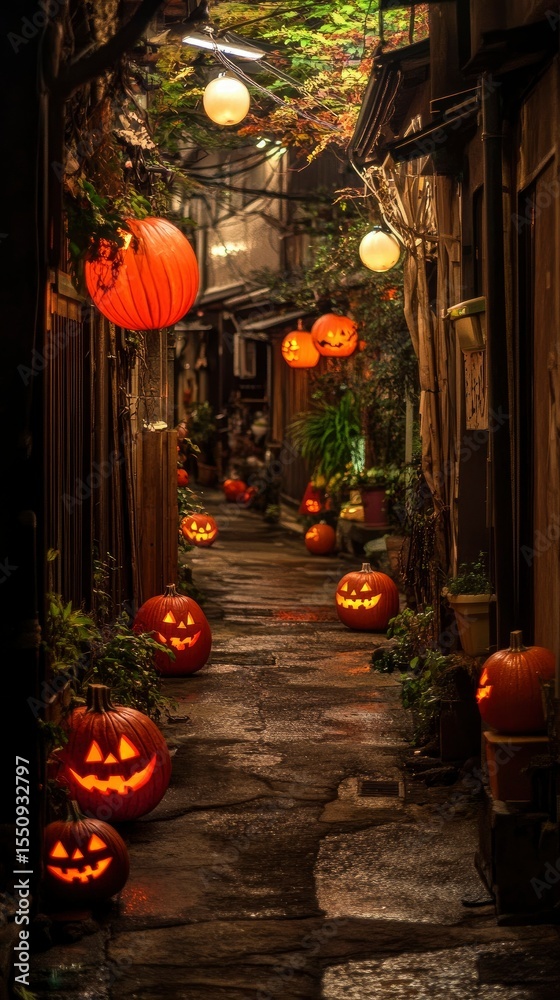 Obraz premium Enchanting Halloween Night in a Cobblestone Alleyway