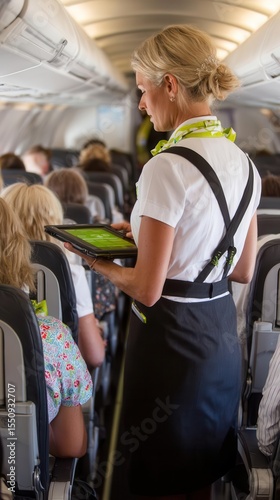 Flight attendant assisting passengers