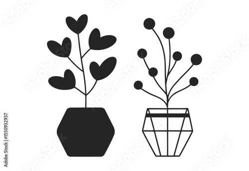 Two minimalist black silhouette houseplants in modern geometric pots on white background