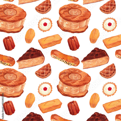 Seamless French Pastry Pattern – Watercolor Gourmet Desserts on White Background