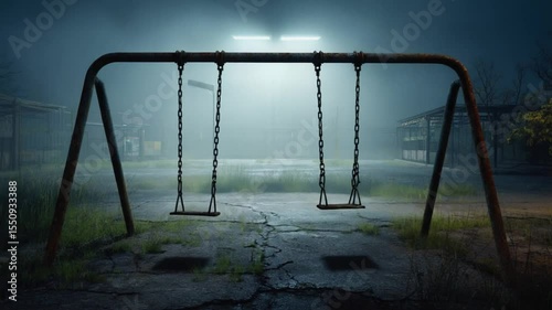 swing on the playground in night automatic move ,horror concept