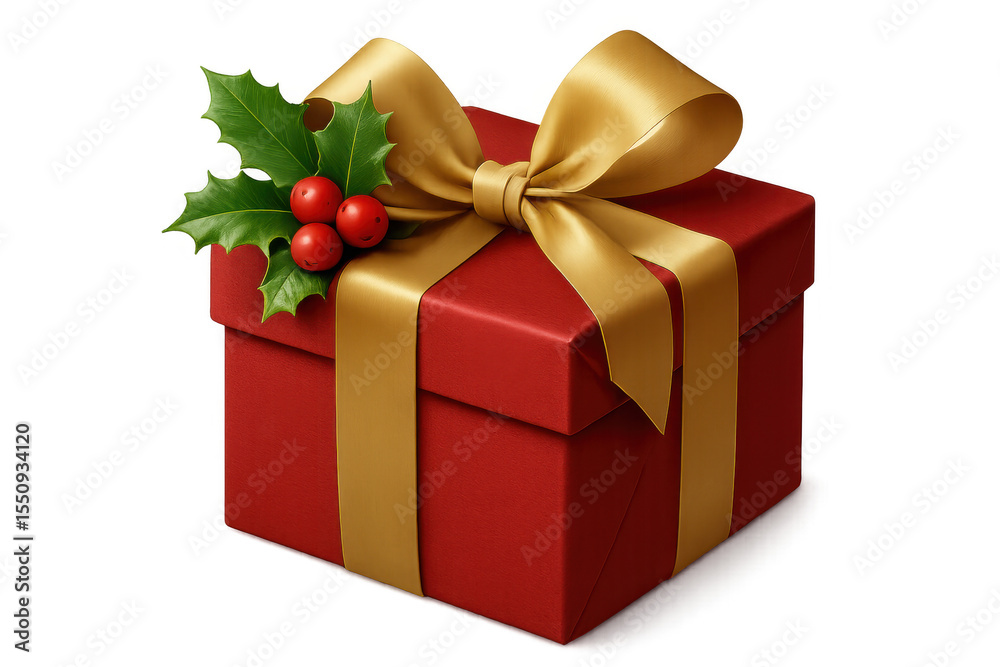 Obraz premium Christmas gift box featuring golden ribbon, adorned with holly berries, resting on transparent surface, elegant holiday packaging design