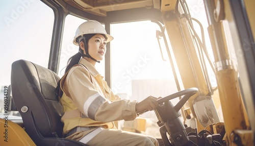 Close-Up of a Young Female Operator Controlling Machinery at a Construction Site. Heavy Equipment Operator. Woman in Construction.