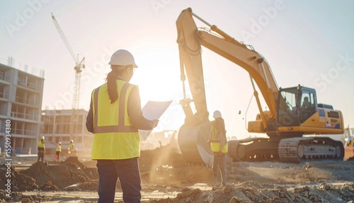 建設現場で工程や進捗をチェックする若い女性作業員 働く女性 重機オペレーター