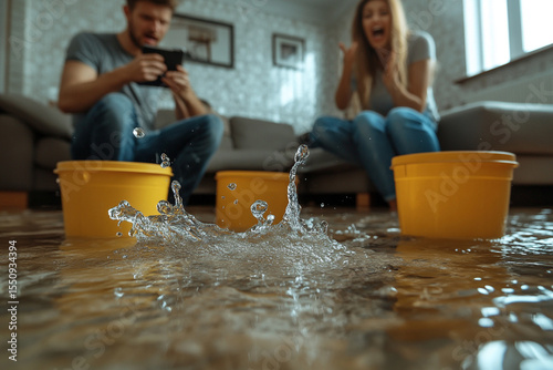 Roof is Leaking, Pipe Rupture at Home: Angry Couple Calling Insurance Company, Screaming into Phone in Frustration, Trying to Find Plumber, Master. Water Drips into Buckets in Living Room. Rack Focus