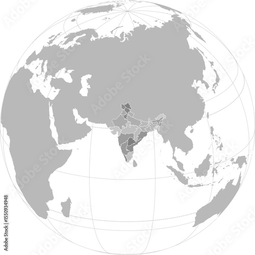 World vector map with India level 1 administrative boundaries and graticules (India-centered and highlighted view, orthographic projection, PPT-compatible & fully editable)	