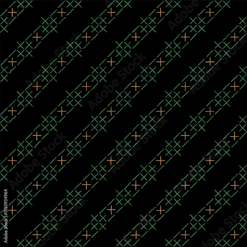 green and gold diagonal lines from hand drawn stripes. black repetitive background. vector seamless pattern. folk decorative art. geometric fabric swatch. wrapping paper. textile design template