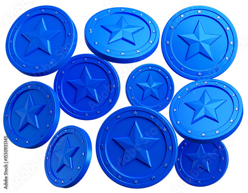 Floating Blue Coins with Star Emblem, Isolated on Transparent PNG