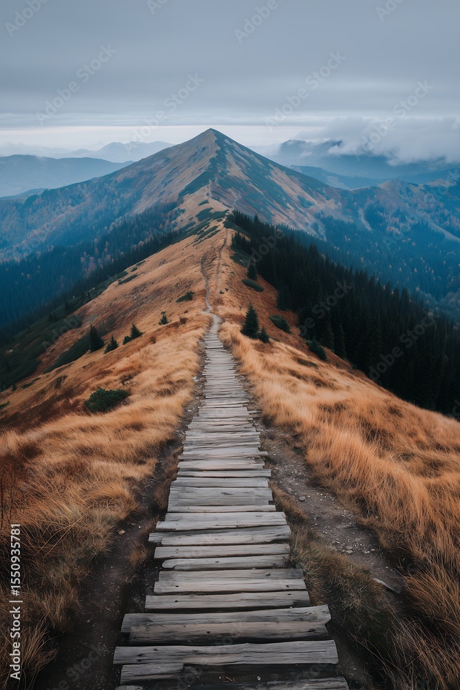 Wooden path leads the eye towards the dramatic peaks of a vast mountain range under an atmospheric sky Wooden path leads the eye towards the dramatic peaks of a vast mountain range under an atmospheric sky