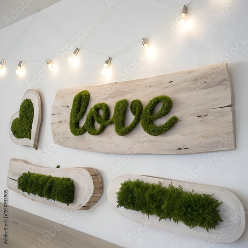 Moss Letters on Driftwood Paper, moss typography photo, driftwood lettering art, nature-inspired minimal design, earthy message visual, elegance, surreal, smooth, visual, cool, majestic, display