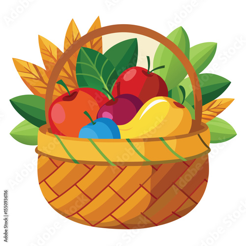 Colorful woven basket with autumn apples and leaves vector design